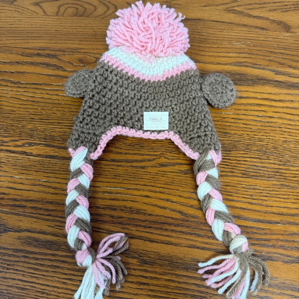 Chelsea T's Crochets Kids Sock‎ Monkey Beanie Pink Brown Crochet Earflap Hat Pom
